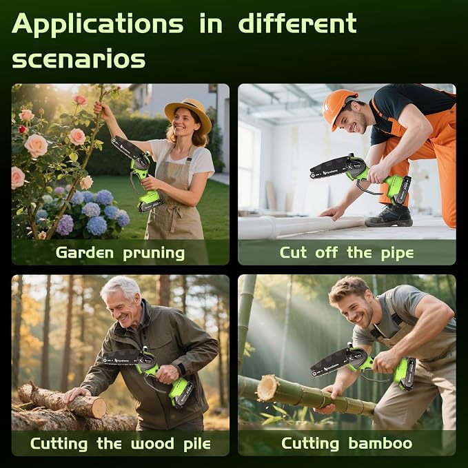 6inch Mini Chainsaw, Chainsaw Cordless w Automatic Oiler, Handheld Electric Power Chain Saw w Security Lock, Brushless Motor,Chainsaws for Wood/Trees Trimming (Green - 2 batteries, 6 INCH)
