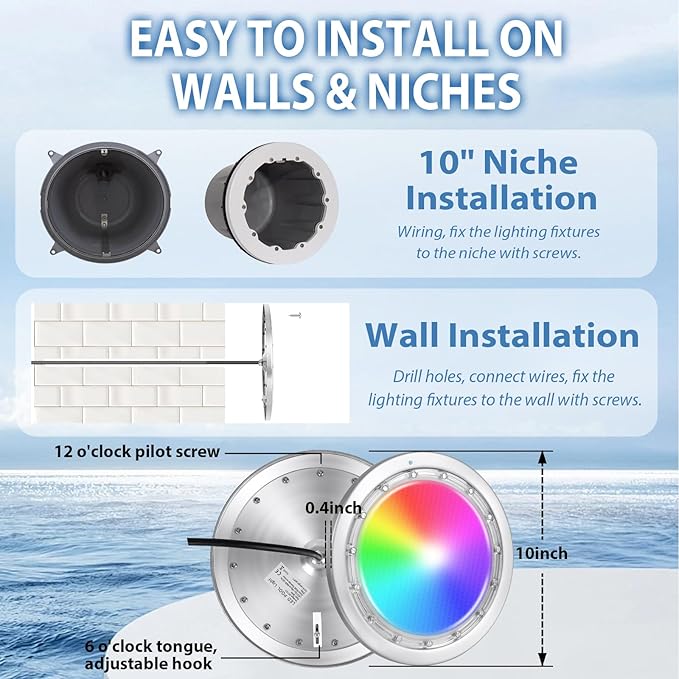 Led Pool Lights for Inground Pool, 12v Pool Light with 50FT Cord, 60W 10 Inch Led Pool Light with Controller, Remote and APP Control, Suitable for Most 10 Inch Wet Niche, IP68