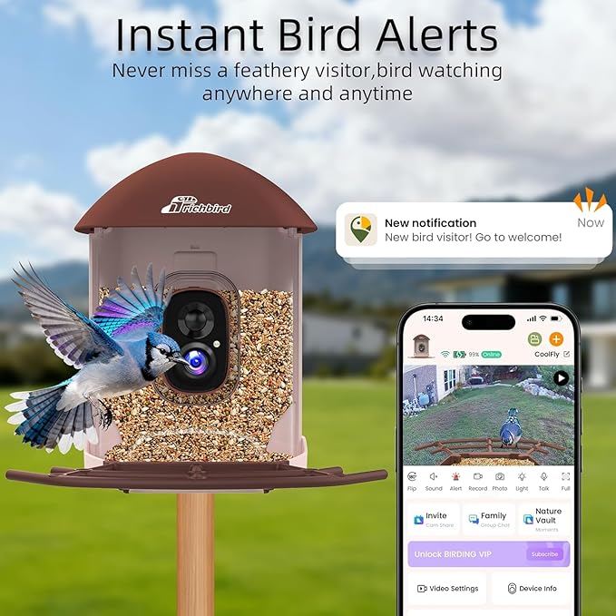 Smart Bird Feeder with Camera Solar Powered, 2.5K HD Birdwatching Camera with Free AI Bird Identification, Instant Notifications & Auto Video Capture, Brown
