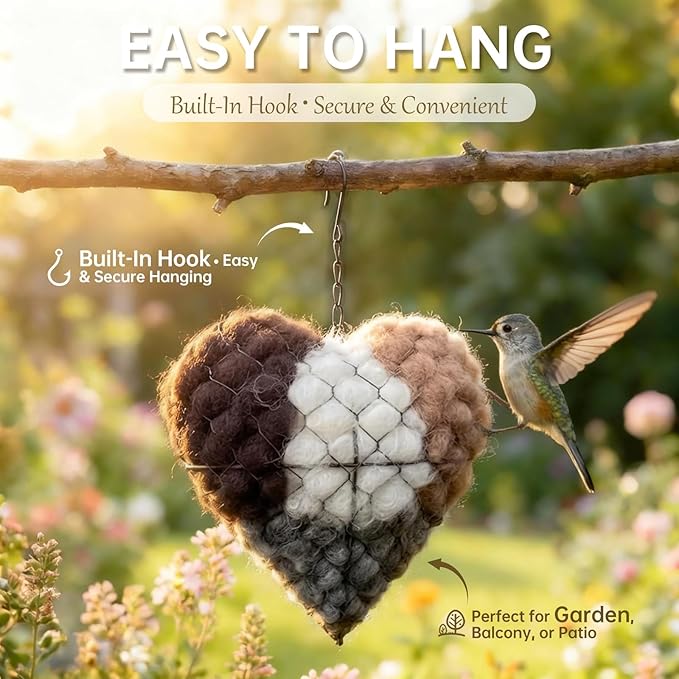 Handmade Alpaca Fiber Bird Nesting Heart – Refillable Bird Haven with 2 Nesting Material Refill Bags – Eco-Friendly Hanging Nest for Hummingbirds & Wild Birds, Garden & Yard Décor (1Sets)