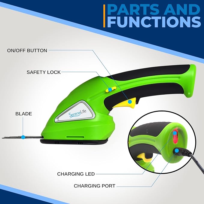 SereneLife Cordless Handheld Grass Cutter Shears, Portable Lightweight Electric Hedge Trimmer, Hand Held Garden Clippers Powered with Rechargeable 3.6V Battery, Changeable Blade Trimmers Light Green