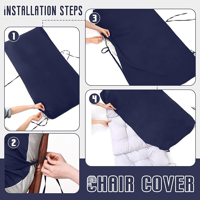Tudomro 2 Pcs Outdoor High Back Chair Cushion Covers (Not Includes Cushion) Waterproof Patio Replacement Rocking Chair Slipcover Seat Pad Cover with Tie for Furniture (Navy Blue,44'' X 21'')