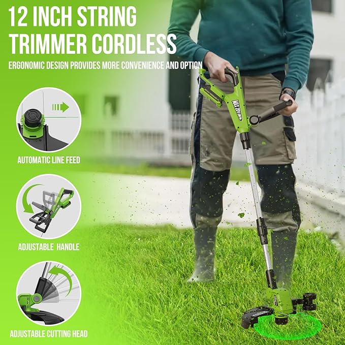 VARSK 12 Inch 20V Cordless Weed Wacker with Automatic Line Feed, 2 in 1 String Trimmer and Edger, Includes 2 X 2.0Ah Batteries/1 X Charger/6 X Replacement Spools, Weed Eater for Lawn, Garden, etc
