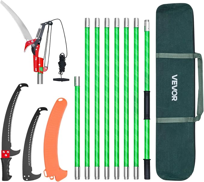 VEVOR Manual Pole Saw, 3.87-27 ft Extendable Pole Tree Pruner with Scissors, Sharp 65Mn Steel Blade, Lightweight Fiberglass Handle Pole, for High Branch Trimming, Pruning Tool for Palms and Shrubs