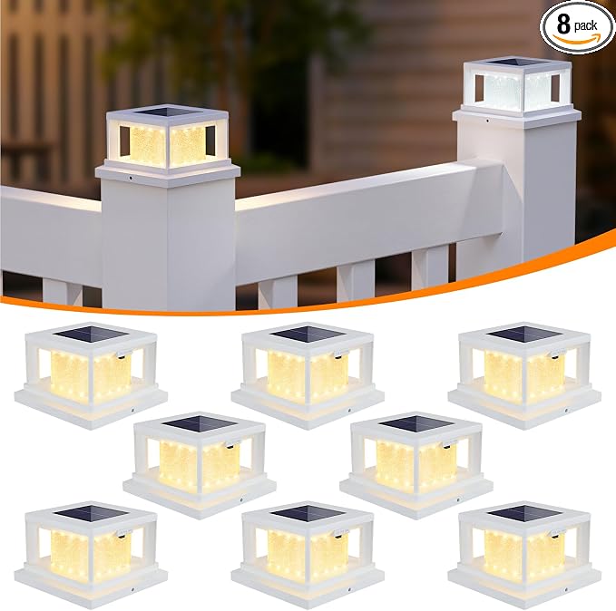 Mlambert 8 Pack Solar Post Lights Outdoor, 2 Modes LED Fence Cap Light for 4x4 Post, Waterproof Deck Light Patio Garden Decor, Warm/Cool White, White