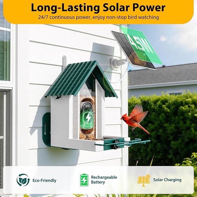 Smart Bird Feeder with Camera 2.5K HD, BOLITE Bird House for Outdoors, AI Auto-Capture & Motion Detection, Weatherproof Camera, Solar Powered, Great for Men Women Mom Dad & Bird Lovers, Green