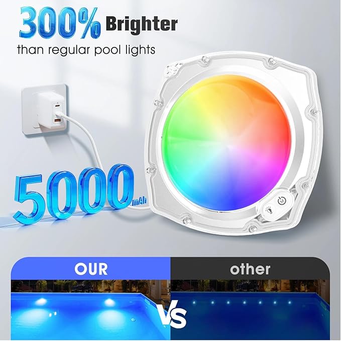 Rechargeable Submersible Pool Lights with Remote, 5000mAh Underwater Led Pool Light for Above Ground Pool Lights Waterproof, 9 Modes Color Changing Magnetic Swimming Inground Pool Lights-2PC