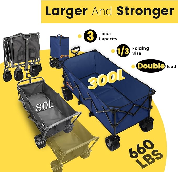 Sekey Extended Collapsible Foldable Wagon with 660lbs Weight Capacity, Heavy Duty Folding Utility Garden Cart with Big All-Terrain Beach Wheels & Drink Holders. Navy Blue