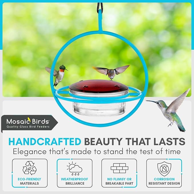 Hummingbird Feeder for Outdoors Hanging, 3.4 OZ Hummingbird Feeders, Glass Bowl with 4 Feeding Ports, Leak Proof Lid & Circular Perch, Bird Feeder (3, Aqua Blue)