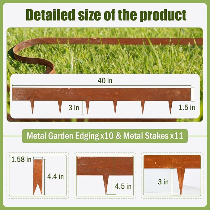 33ft.Metal Edging for Landscaping, Pre-Rust 4.5 inch Cor-Ten Steel Landscape Edging for Yard Pathway & Flower Beds, Steel Lawn Edging with a Pair of Gloves and 11 Stakes (10 Pack, 40" L x 4.5" H)