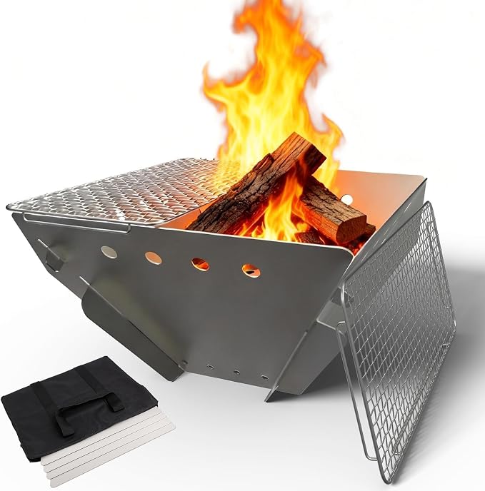 Stainless Steel Fire Pit for Camping, Collapsible Fire Pit for Outdoor Use, 2-4 Person Portable Firepit, Tool-Free Assembly, Patio, Bonfire, Picnic and BBQ with Grill Net & Canvas Storage Bag