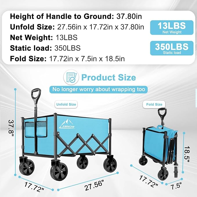 Collapsible Folding Wagon Cart, 350LBS Utility Large Capacity Cart Foldable Wagon with All Terrain Wheels, Grocery Wagons Carts for Garden Shopping Sports Camping, Light Blue