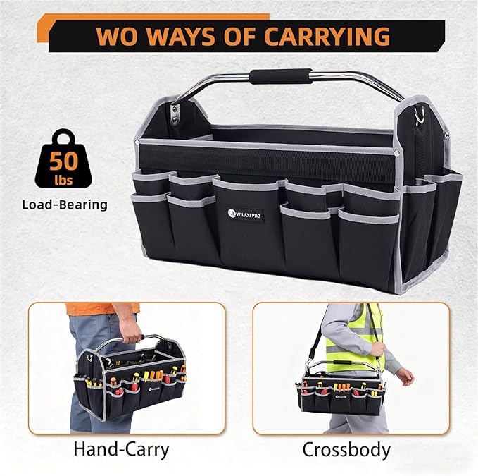 22in Tool Bags For Men Heavy Duty, 33 PCS Pockets Tool Bag Organizer Foldable Open Top Tool Bag With Handle, Wide Mouth Electrician Tool Tote, Grey
