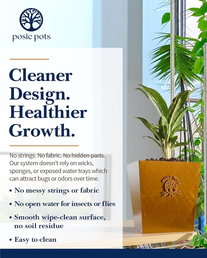 Posie Pot Medium Twisted Square - Self Watering Planter 5x5 Inch - Indoor Plant Pot with 30 Day Reservoir - 3D Printed Bioplastic - No Guilt Plant Care - Made in USA, Gold