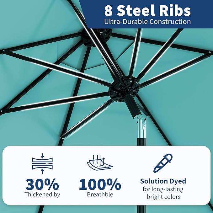Garvee 10 ft Outdoor Patio Umbrella 8 Sturdy Ribs Outdoor Table Umbrella with Crank Lift & Push Button Tilt - UV Protection Waterproof Market Umbrellas for Pool, Deck, Yard, Garden, Lake Blue