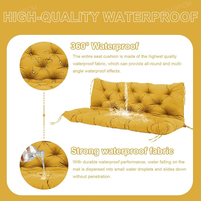 Premium 5" Thick Waterproof Outdoor Swing Cushions Sturdy Durable 2-3 Seat Replacement Porch Swing Cushions with Backrest&Ties Bench Cushion for Outdoor Furniture Backyard Patio (Yellow)