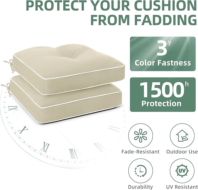 Favoyard Patio Chair Cushions 17 × 17 Inch Water Resistant & 3-Year Color Fastness Outdoor Chairs Cushion for Seat Dining Rocking Wicker Chair Cushion With Tie Straps Tufted Square Pads, Beige, 2 Pack