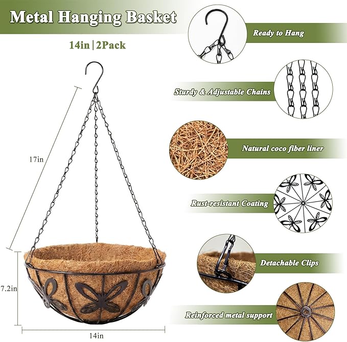 2 Pack Hanging Baskets for Plants Outdoor 14 Inch Butterfly Metal Hanging Planters with Coco Coir Liner, Round Hanging Flower Basket for Home Garden Patio Balcony Porch