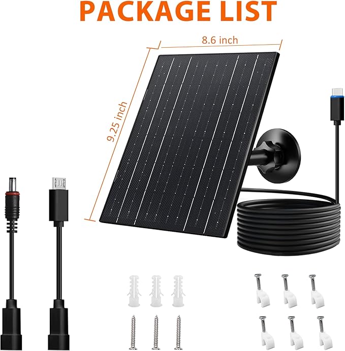 Zivif 10W Solar Charger, 5V Solar Panel for Security Cameras with USB-C/Micro USB/DC 5.5x2.1mm Ports, IP66 Waterproof, 360° Adjustable Mount & 7.2ft Cable