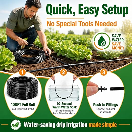 1/4 Drip Irrigation Tubing 100FT, Dripline Tubing with 6 Inch Emitter Spacing, Built-in 0.5 GPH Drippers, 1/4 Irrigation Tubing Drip Line with Fittings and End Plugs for Raised Beds, Garden Rows