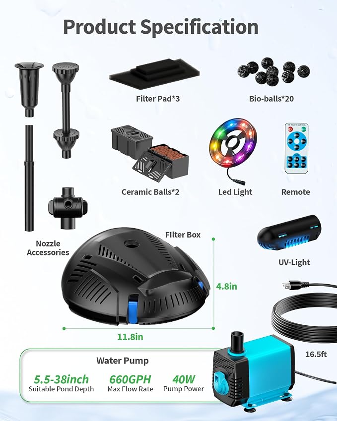 POPOSOAP Pond Filter with Fountain Kits Built-in U-V Clarifier, 660GPH Pond Pump Filter with RGB LED Lights & Remote Controller Light Timer, Pond Filters for Outdoor Ponds Clean, Clear P2300D