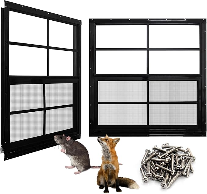 NeatiEase Upgraded Shed Windows 2 Pack, 24" x 36" Windows with Tempered Glass and Stainless Steel Screen for Shed, Chicken Coop, Playhouse, Household, Garage(Black)