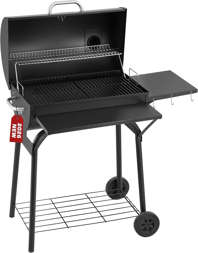 Barrel Charcoal Grill, 554 Sq.In Large BBQ Grill & Smoker with Warming Rack, 4-Position Charcoal Pan, Thermometer, Side & Front Tables, Wheels for Outdoor Backyard Patio