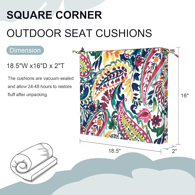 DYTXIII Set of 4 Outdoor Chair Cushions, Water Resistant 18.5"x16"x2" Square Seat Cushion for Patio Dining Chairs, High-Density Replacement Pads for Indoor Outdoor Furniture - Vigour Paisley