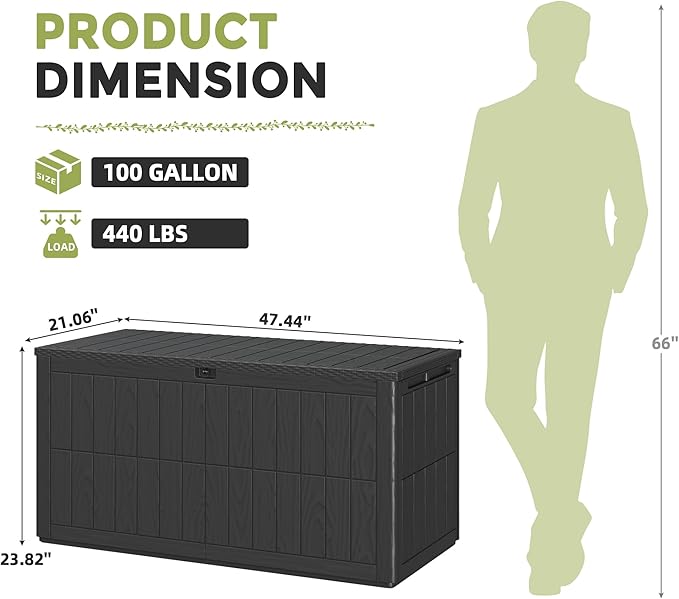 UDPATIO 100 Gallon Deck Box Outdoor Storage Box Lockable Waterproof Resin Indoor Outdoor Storage Container for Patio Cushions, Tools, Package Delivery Boxes for outside