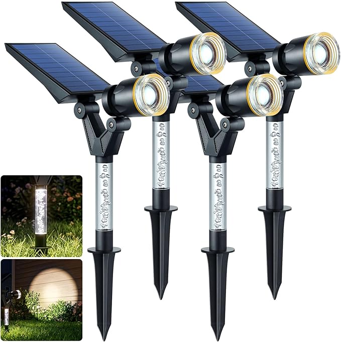 DenicMic Solar Spot Lights Outdoor Waterproof 6000K Cold White Lens LED Adjustable Angle Solar Lights Outdoor for Yard Garden Patio Wall Landscape Lighting Outside 4 Pack