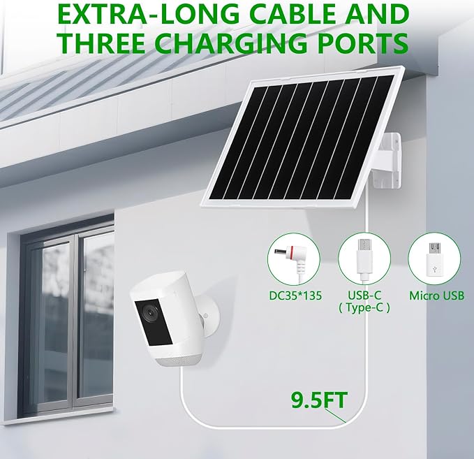 8W Solar Panel for Security Camera, USB c Solar Panel for Camera, with 9.5ft Cable, DC 5V Camera Solar Panel IP65, Universal for The Majority Rechargeable Battery Camera, 360°Adjustable