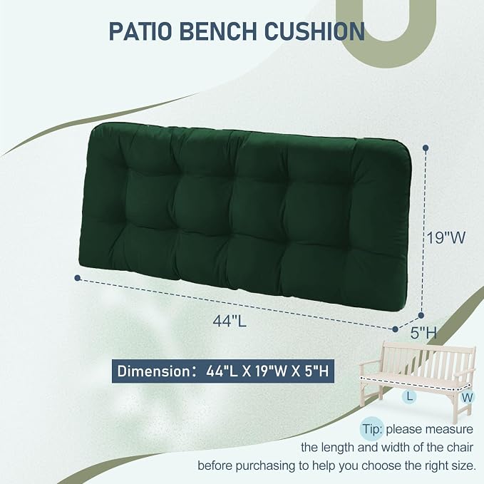 downluxe Outdoor Bench Cushion for Patio Furniture, Water Resistant Tufted Overstuffed Porch Swing Cushions, Thick Outdoor Loveseat Cushions, 44" X 19" X 5", Forest Green, Set of 1