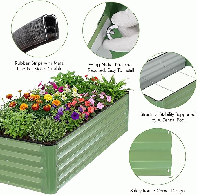 INNO STAGE Galvanized Raised Garden Bed Kits, 4x2x1ft Metal Raised Garden Beds Outdoor, Steel Raised Planter Bed with Gloves for Vegetables & Flowers Patio Ground Planter Box (Olive Green, 1PC)