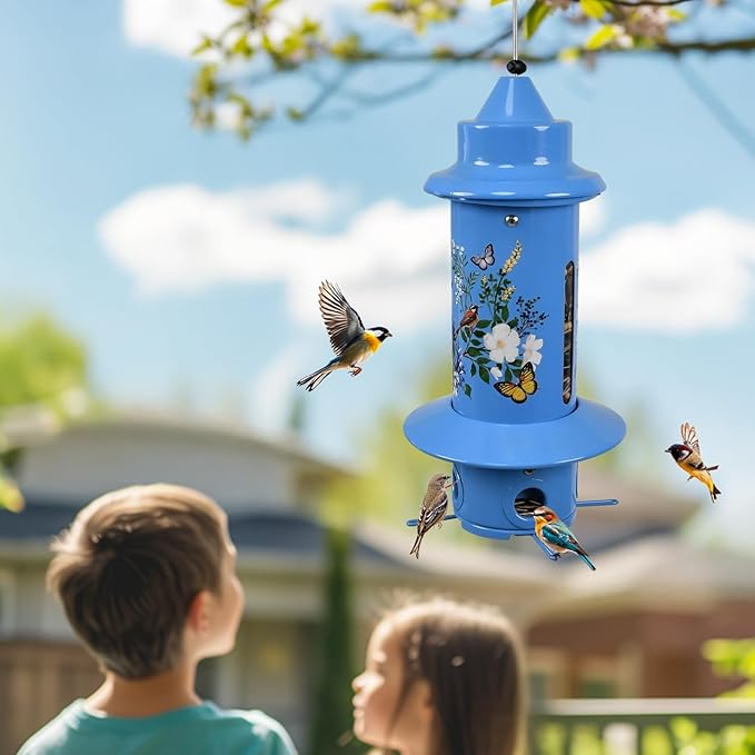 Squirrel Proof Bird Feeders, Long Lasting Bird Feeder for Outdoors, Reliable and Rust Resistant Metal Station for Prevents Squirrels from Stealing Food,5LB Large Capacity (Blue Bird Feeder)
