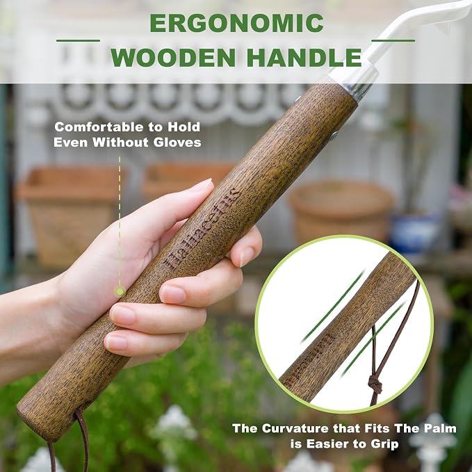 Haliaeetus Gardening Sickle Hoe, Japanese Bent Angle Weeding Sickle, Stainless Steel Weed Hoe Scraper, 13'' Gardening Hand Hoe with Ergonomic Wood Handle for Weeding, Loosening Soil and Cultivating