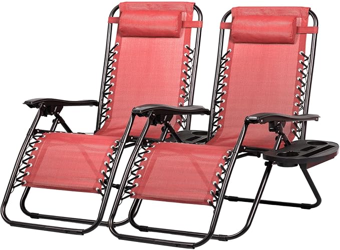 Nazhura Set of 2 Relaxing Recliners Patio Chairs Adjustable Steel Mesh Zero Gravity Lounge Chair Beach Chairs with Pillow and Cup Holder Khaki (Pink)