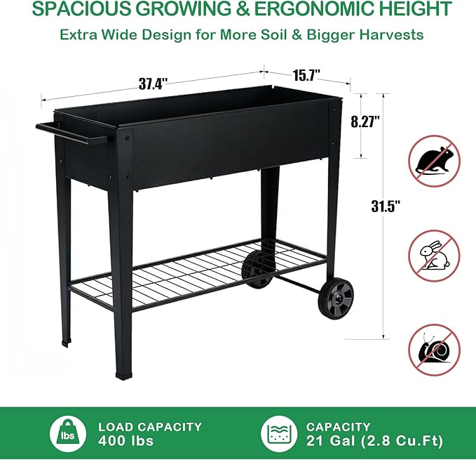 31.5" Tall Raised Garden Bed with Wheels, Extra 15.7" W Planter Box (400 lbs Loads) with Storage Shelf & Handle,Heavy Duty Metal Garden Planter for Vegetables, Herbs & Flowers, Patio & Balcony