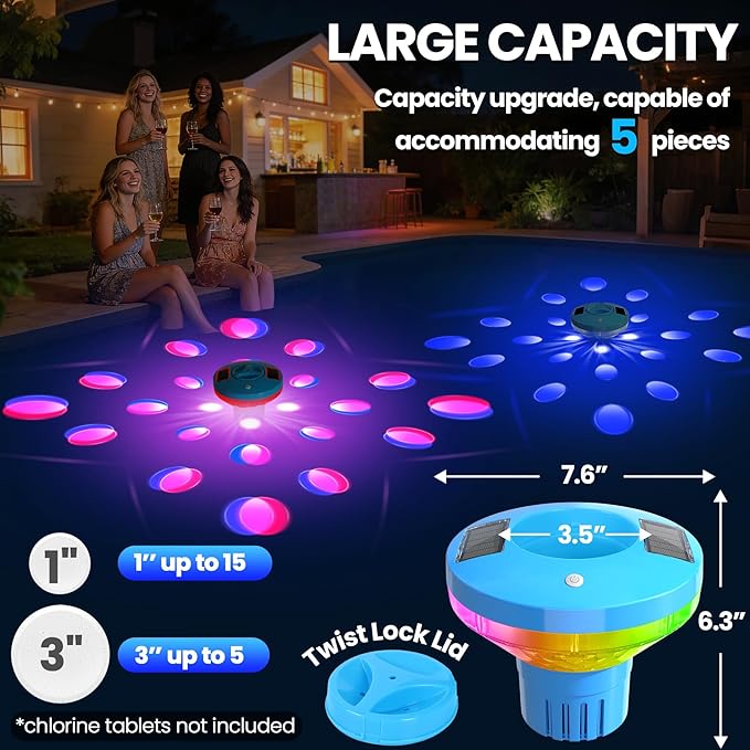 ChlorBlu Solar Chlorine Floater,Chlorine Floater with Colorful Lights,Large Capacity Floating Chlorine Dispenser for Pool,7.6" Pool Chlorine Floater,Button Control Chlorine Floater for Hot Tub(Blue)