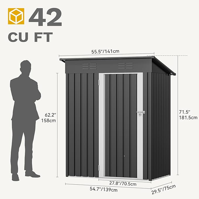 DWVO 5x3ft Outdoor Storage Shed, Weatherproof Tool Shed w/Locking Entry & Ventilation for Grass Cutter, Bike, Equipment, Courtyard, Garden (Dark Gray)
