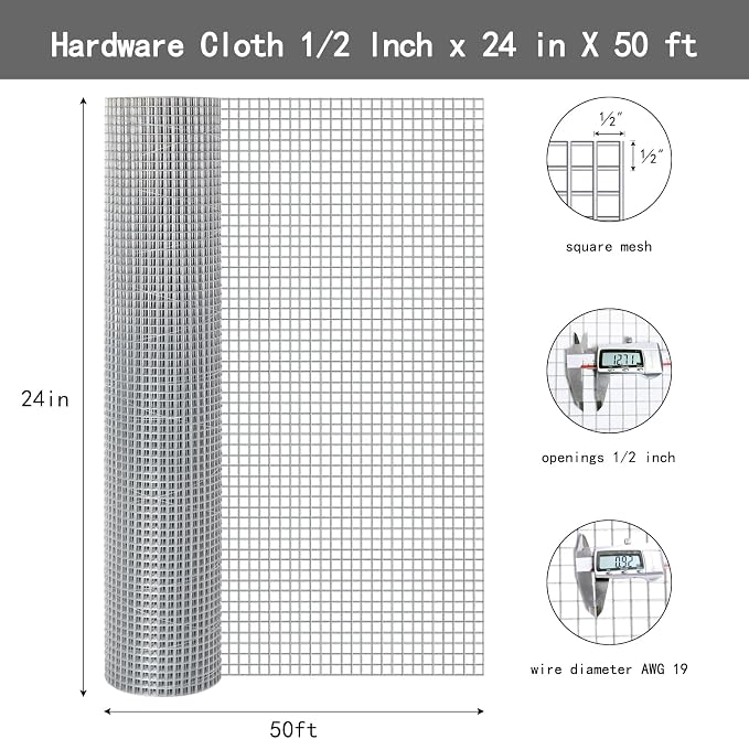 Thinkahead Hardware Cloth 1/2 inch 24 X 50 ft 19 Gauge, Galvanized Wire Mesh Roll, Welded Wire Fencing, Hardware Cloth for Chicken Coop Wire, Rabbit Cage Wire