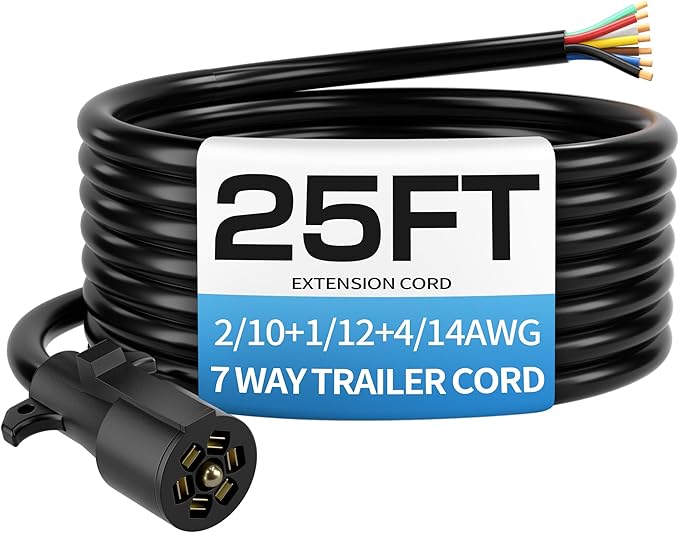 Deluwire 25 FT 7 Pin Trailer Plug, Heavy Duty Trailer Wiring Harness, 7 Way Trailer Cord with Double Prongs Connector for Trailers, RVs, Campers
