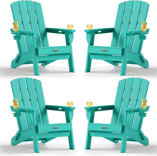 Folding Adirondack Chair Set of 4, HDPE Adirondack Chairs with 2 Cup Holder, Plastic All-Weather Fire Pit Chairs, Outdoor Lawn Chair for Patio Garden (Lake Blue)