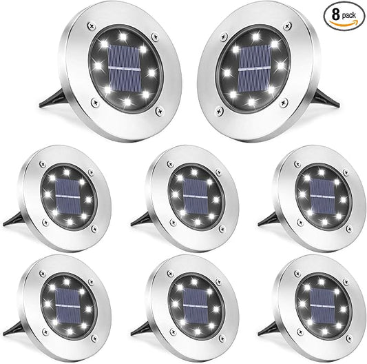 LYHOPE Solar Ground Lights Outdoor, 8 Pack 8 LED Solar Disk Lights Waterproof Garden In-ground Pathway Light Landscape Lighting for Lawn,Yard,Deck,Patio,Walkway (White)