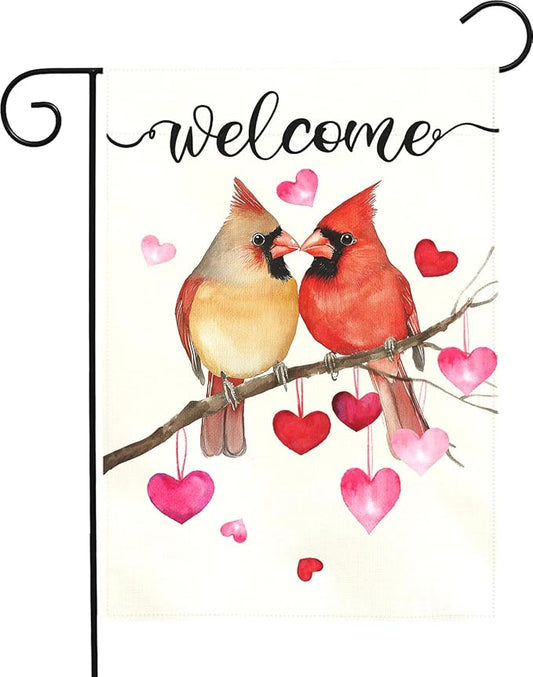 Welcome Valentine's Day Garden Flag Cardinal Love Heart Vertical Polyester Double Sided Yard Flags Holiday Anniversary Wedding Red Birds House Banner Farmhouse Valentines Day Decor 12x18 Inch