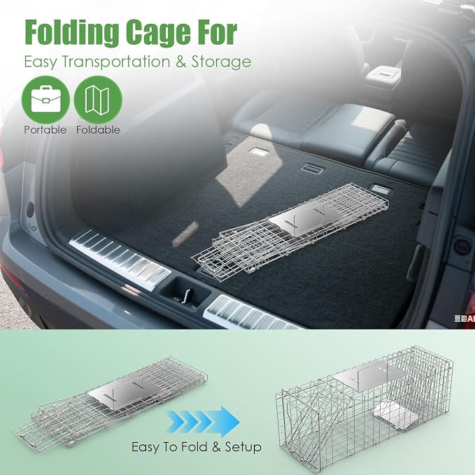 TeqHome Live Animal Trap Cage with Cover, 31"x12"x12" Large Foldable Galvanized Steel Humane Cat Trap, Heavy Duty Metal Raccoon Traps for Stray Cats Opossums Groundhogs Skunks Squirrels Chipmunks Mole