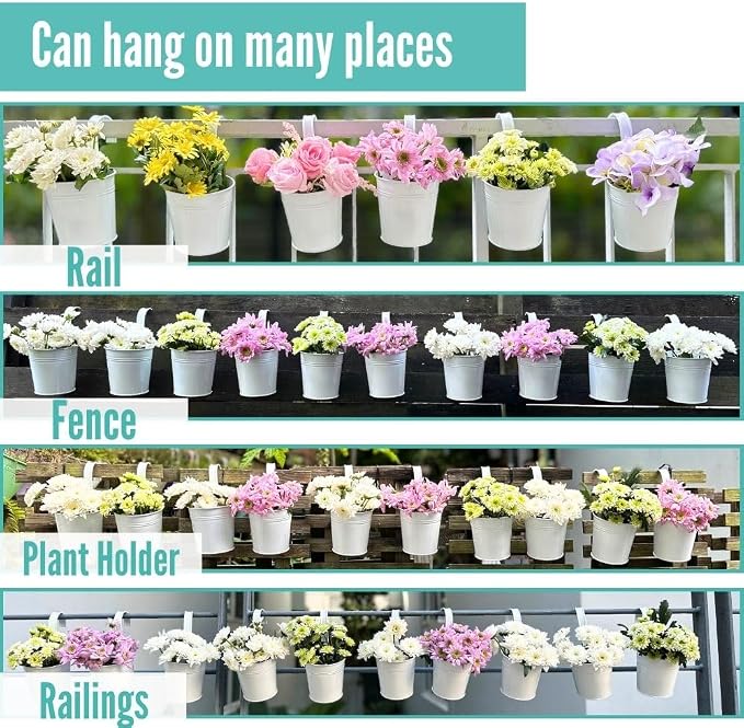 LaLaGreen Bundle- 10-Pack, 6 Inch White Metal Pot + 2-Pack, 12 Inch Hanging Basket with Coco Liner Semi-Circle Wall Mount Flower Holder Fence Railing Deck Balcony Patio Porch Outdoor Bucket with Hook