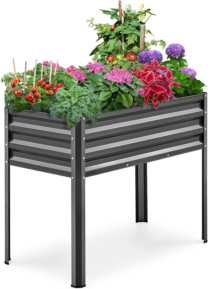 KING BIRD Raised Garden Bed with Legs Galvanized Elevated Planter Box for Backyard, Patio, Balcony, 33.9x17.6x31.5 in, Dark Gray