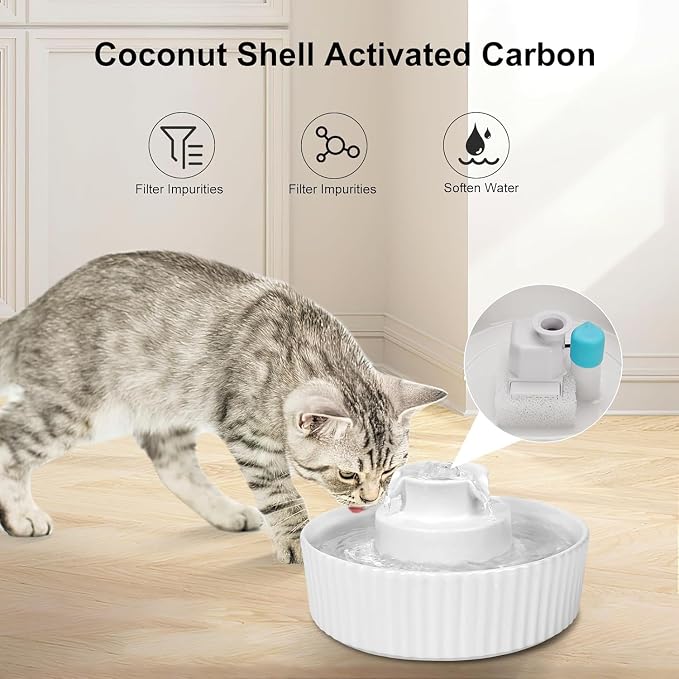 2.1L Ceramic Cat Water Fountain for Cats and Dogs-360° Ceramic Pet Fountain-70 Oz Large Water Capacity- Whisper-Quiet Water Flow-Great for Shy or Timid Pets- Fresh-Filtered Water
