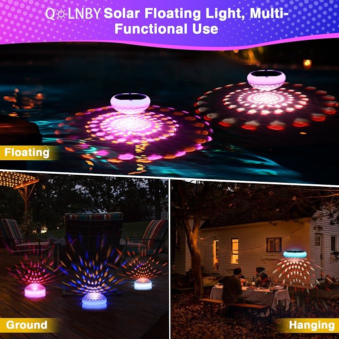 QOLNBY Solar Floating Pool Lights(2 PCS), USB Rechargeable 2600mAh Pool Lights with Remote, 6.69 Inch IP68 Waterproof RGB 6 Dynamic Modes Upper and Lower Glow Hangable Solar Floating Light for Garden