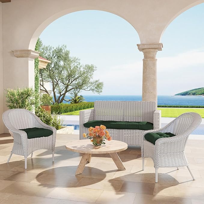 Outdoor Chair Cushions Set of 2, 22x22x4 Inch Seat Pads with Ties for Patio Wicker Chairs Garden Dining Chair, Indoor Outside Use, Fade-Resistant & Waterproof, Dark Green